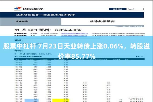 股票中杠杆 7月23日天业转债上涨0.06%，转股溢价率85.77%